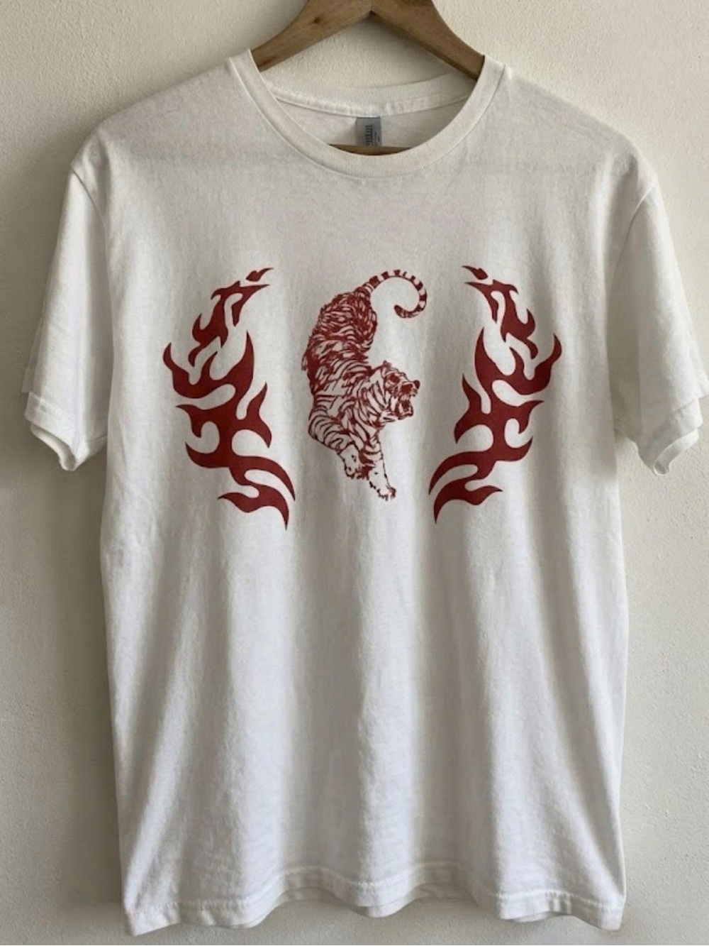 Gildan White Tee with Red Tiger and Tribal Prints | Unisex Shirt